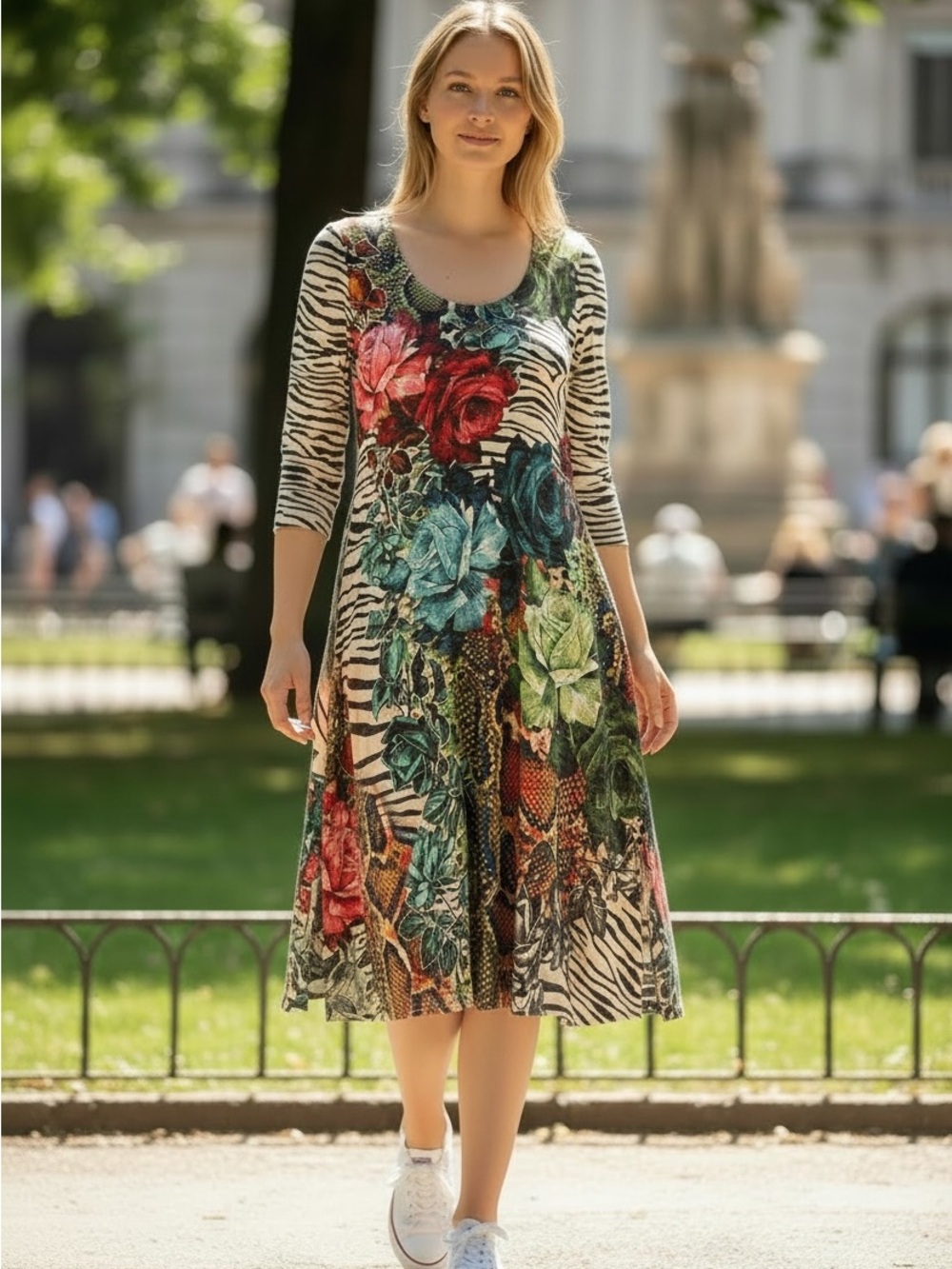 Floral Zebra-Print Midi Dress in Multicolor
